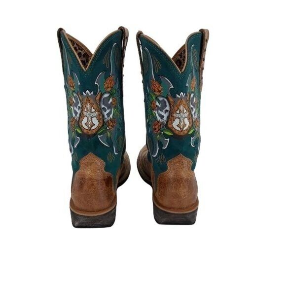 Ariat Rodeo Day Of The Dead Skull Rose Cowboy Boots Tan Turquoise Sz 8.5 - Picture 7 of 12